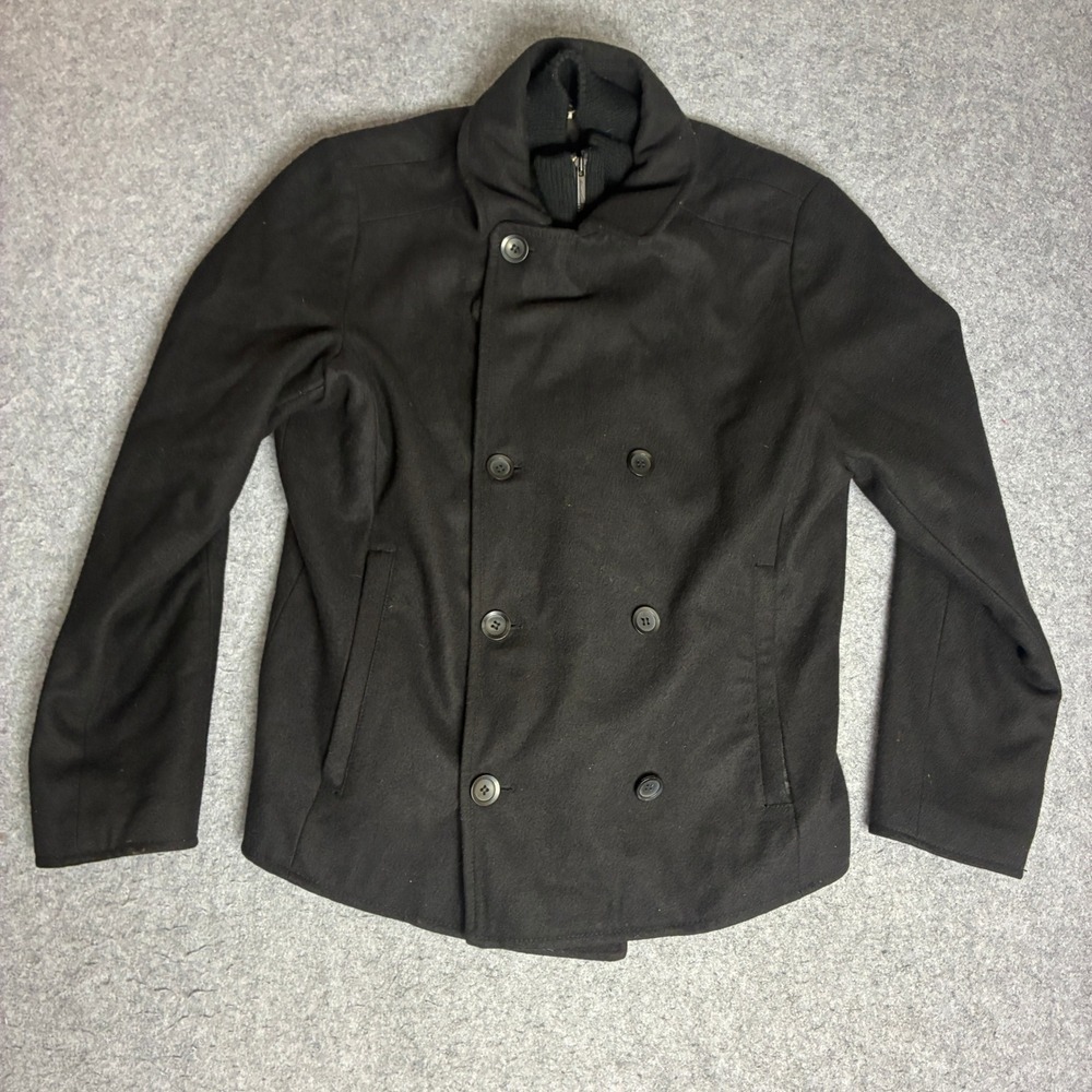 Kenneth Cole Pea Coat Mens Medium Black Excellent Wool Blend Ribbed Bib Layered